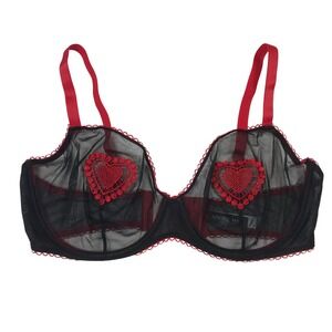 Adore Me 38G Bra Black Sheer Mesh Red Heart Embroidered Unlined Underwire